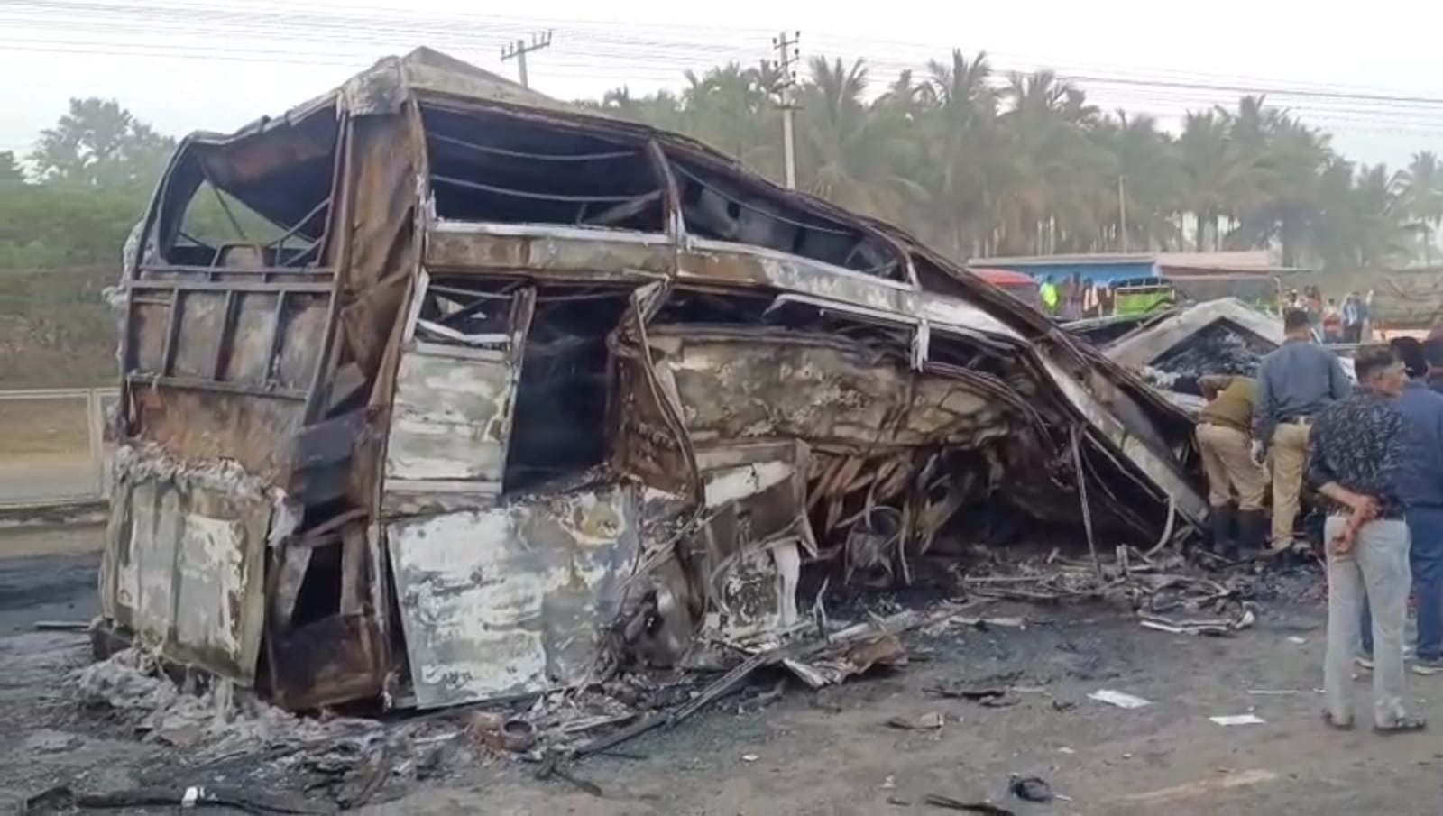 Seabird bus completely gutted after colliding with a tanker on NH 48 near Gorlattu village in Chitradurga district, killing 17 passengers.