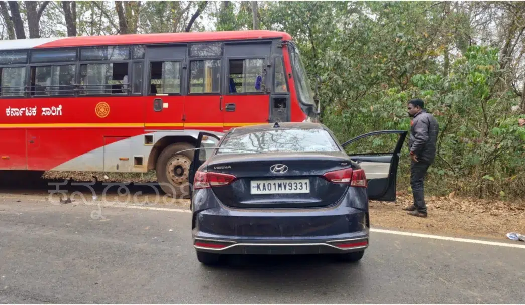 Yellapur Malagav road accident between KSRTC bus and car driver Mukesh Shetty death