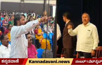 ಶಿವಮೊಗ್ಗದ ಅಂಬೇಡ್ಕರ್ ಭವನದಲ್ಲಿ ವಂದೇ ಮಾತರಂ ಗೀತೆ ಕುರಿತು ಅಸಮಾಧಾನ ವ್ಯಕ್ತಪಡಿಸುತ್ತಿರುವ ಶಾಸಕ ಎಸ್.ಎನ್. ಚನ್ನಬಸಪ್ಪ