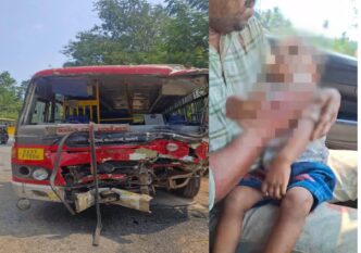 KSRTC bus and lorry collision at Belase in Ankola, Uttara Kannada, killing a one-and-a-half-year-old child and injuring several passengers