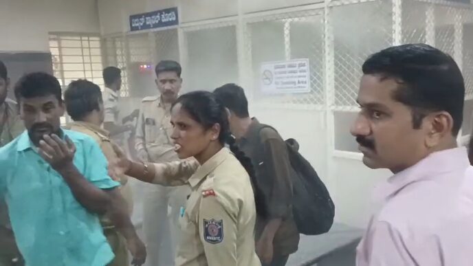 Smoke from an electrical panel room at Sirsi Central Bus Stand in Uttara Kannada district, where staff used a fire extinguisher to prevent a possible major accident.