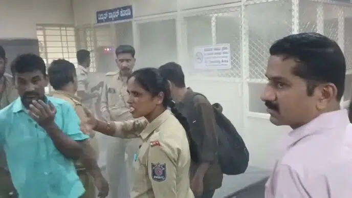 Smoke from an electrical panel room at Sirsi Central Bus Stand in Uttara Kannada district, where staff used a fire extinguisher to prevent a possible major accident.
