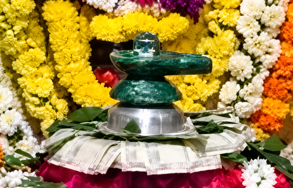 Rare green Paccheling Shiva Lingam at Rajaguru Hiremath in Bandagadde, Sagara, Shivamogga district, Karnataka, displayed on Vijayadashami
