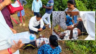 Dr Dinesh Hegde from Mahalakshmi Hospital Sirsi provides emergency treatment to a road accident victim near Tukkadabail in Manchikeri, Yallapur taluk, Uttara Kannada district.